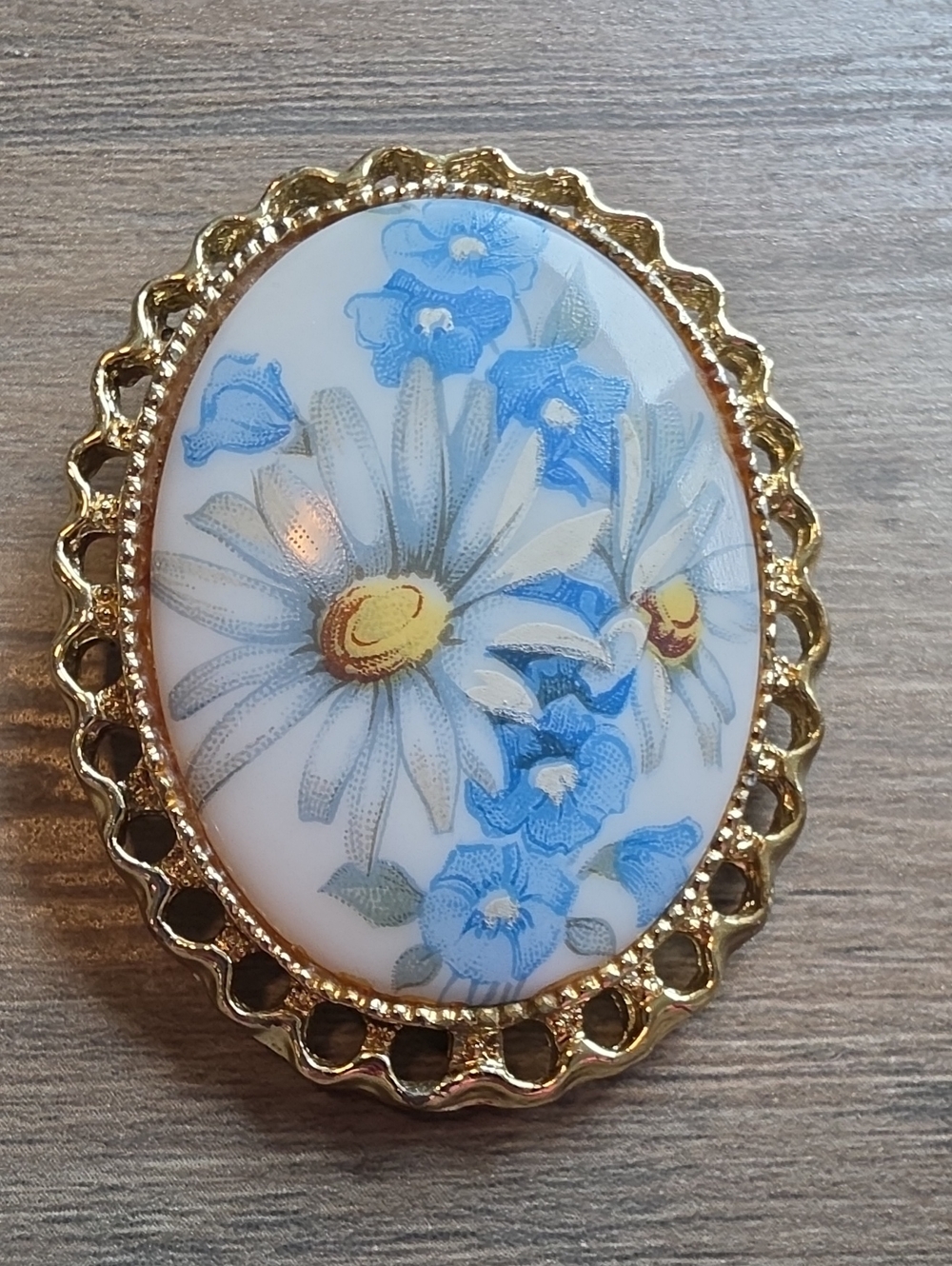 Gold-Tone Blue & White Floral Cameo Brooch